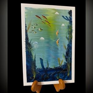Beautiful Handpainted Ocean Life scene Terra Cotta Glazed Tile. (F)